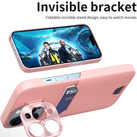 Accessories - HPHRE for iPhone 14 Pro Max Case with Card Holder and Metal Stand, Pink Slim